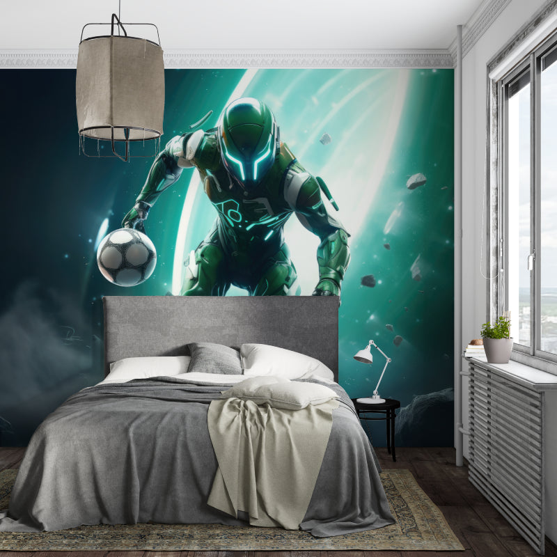 Gaming room with space football mural wallpaper, showing console gaming area