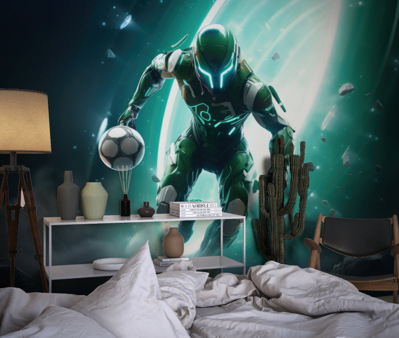 Football gaming wallpaper in kids gaming corner, creating immersive atmosphere