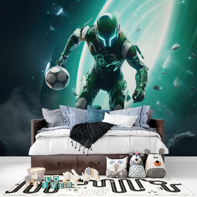 Futuristic sports mural in modern living room gaming setup