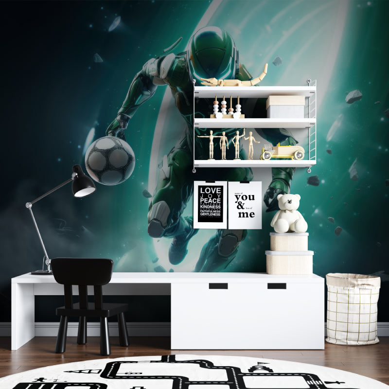 Space football wallpaper bringing sci-fi vibe to gaming room