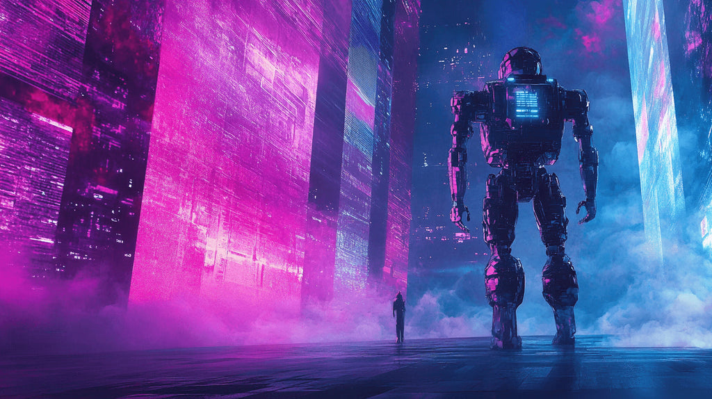 Design file of Futuristic Robot Gaming Wallpaper showing vibrant neon colors and detailed cyberpunk elements