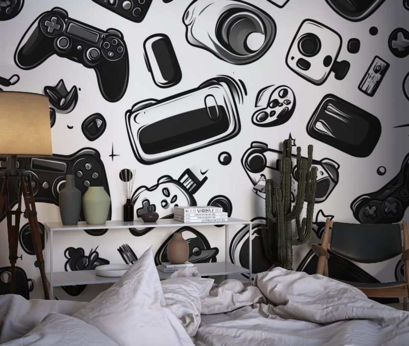Gaming wallpaper mural showcased in a modern teen bedroom with LED lighting and gaming setup