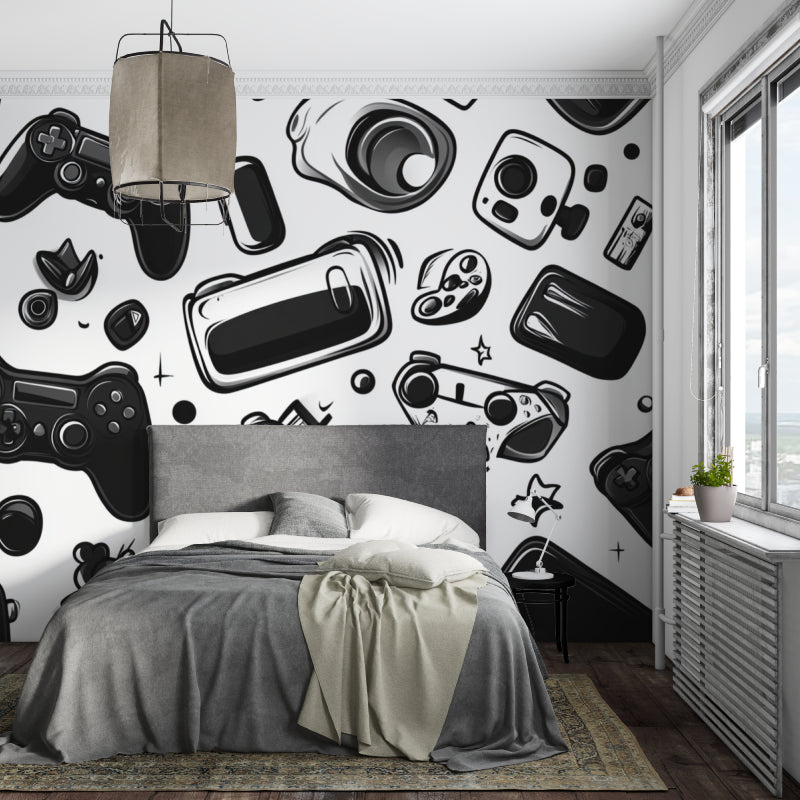 Black and white gaming mural in a stylish entertainment room with gaming chairs