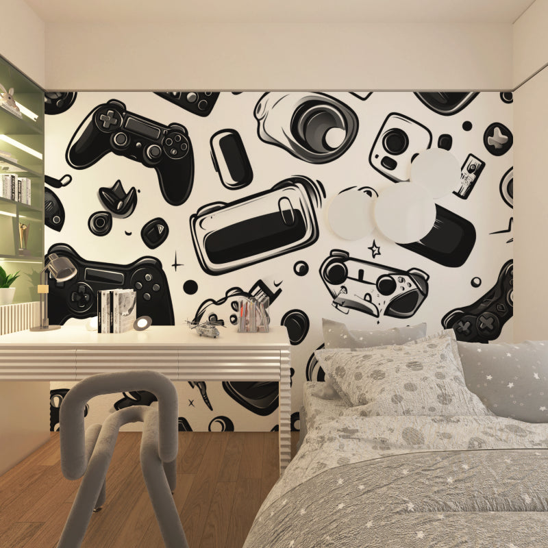 Gaming room wallpaper featuring console design in a basement gaming setup