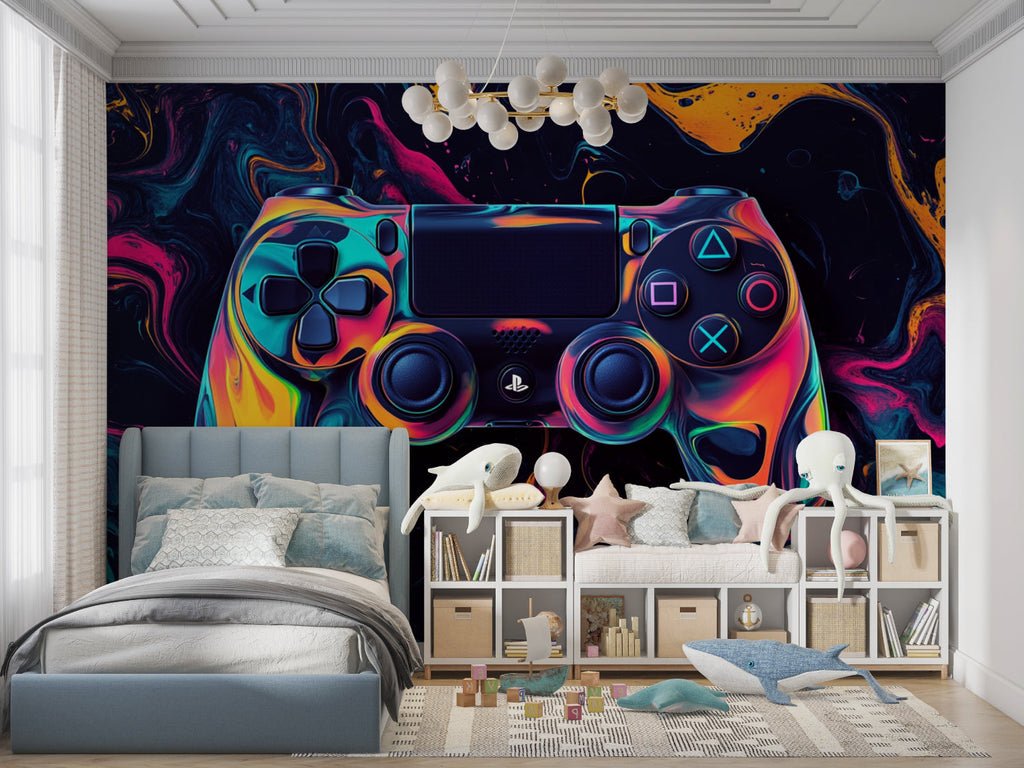 Gaming Controller Wallpaper in modern teen bedroom with LED setup and gaming chair