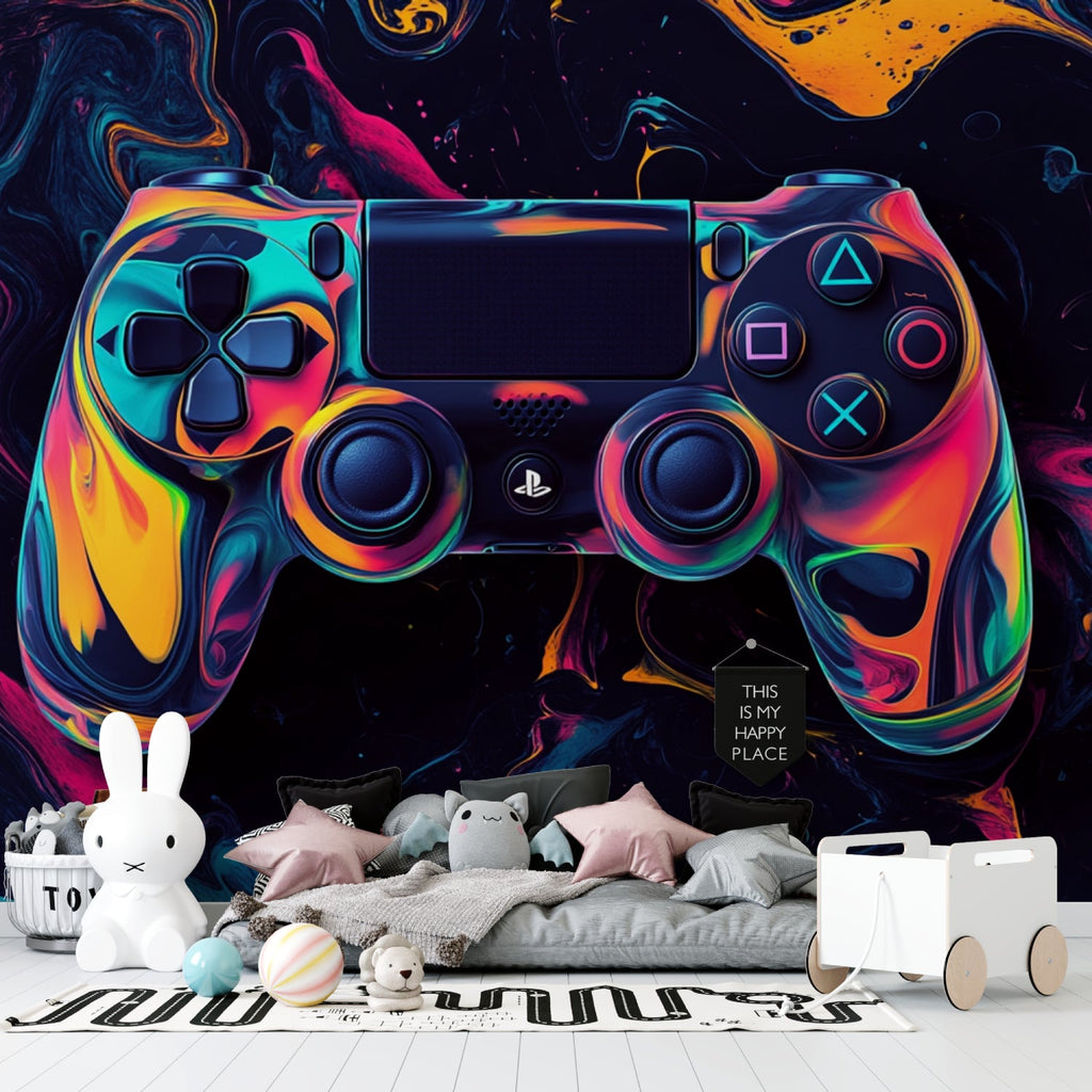 Gaming Wallpaper making statement in basement gaming room with console setup