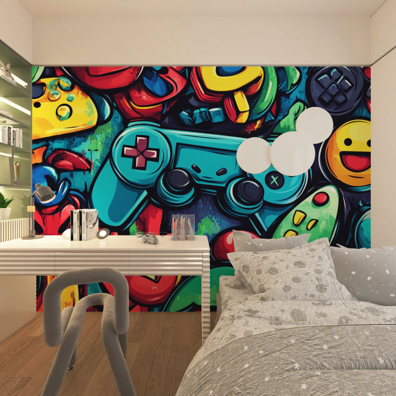 Gaming room wallpaper bringing street art style to modern teen bedroom, featuring vibrant controller design