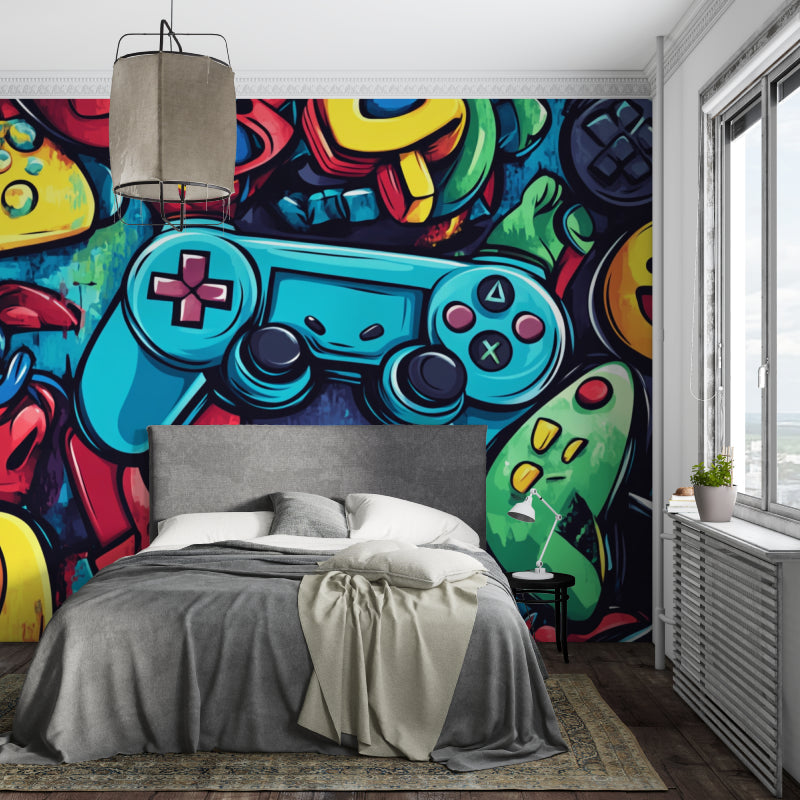 Retro gaming wallpaper installed in cool entertainment room with gaming setup