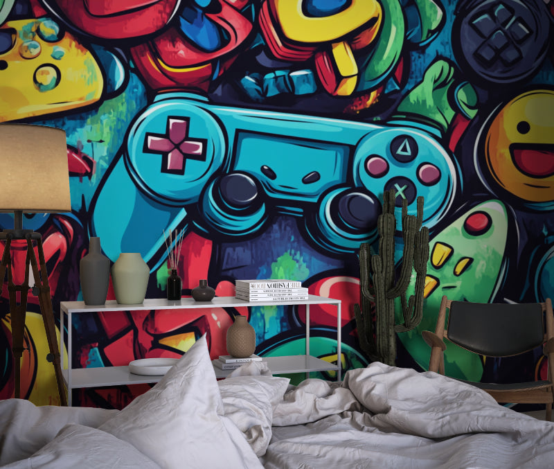 Street art gaming mural making statement in modern living room gaming corner