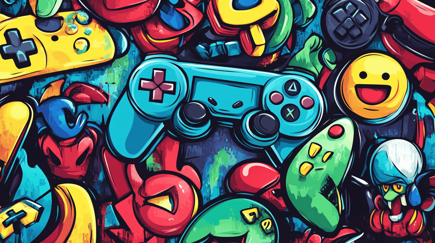 Design file of graffiti gaming controller pattern with turquoise and yellow street art elements