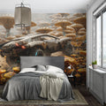 Futuristic gaming mural wallpaper in modern teen bedroom, showing glowing rally car design