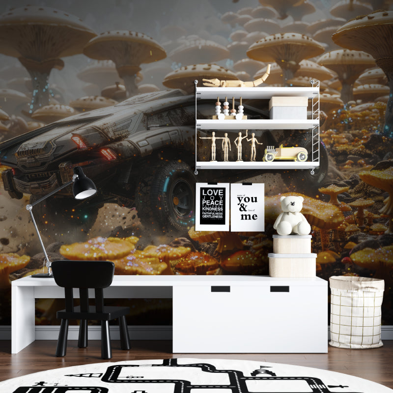 Gaming room with futuristic car wallpaper mural creating immersive atmosphere