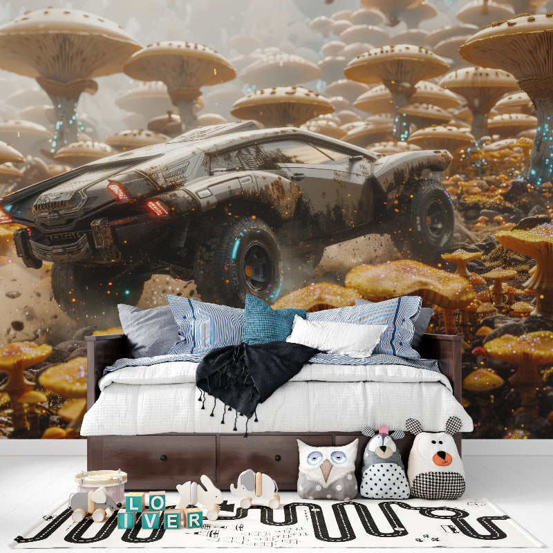 Fantasy racing mural in entertainment space with LED lighting effects