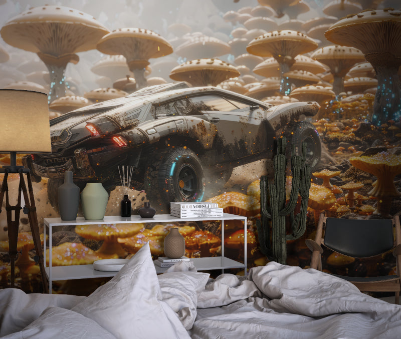 Man cave featuring gaming wallpaper with glowing futuristic rally car design