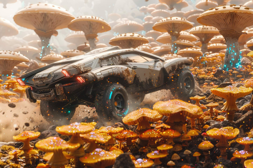 Futuristic rally car design file showing detailed fantasy racing scene with glowing elements