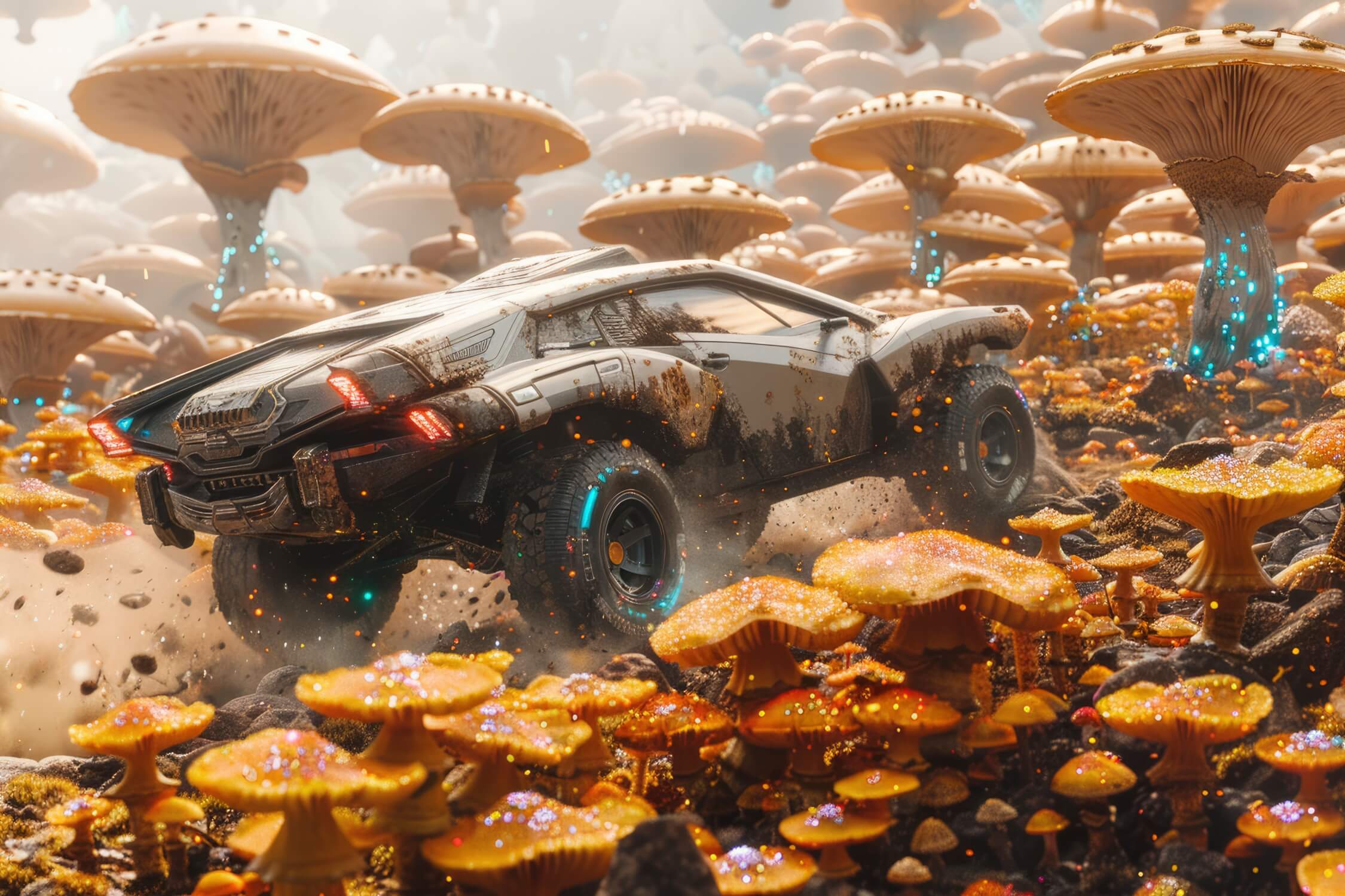 Futuristic rally car design file showing detailed fantasy racing scene with glowing elements
