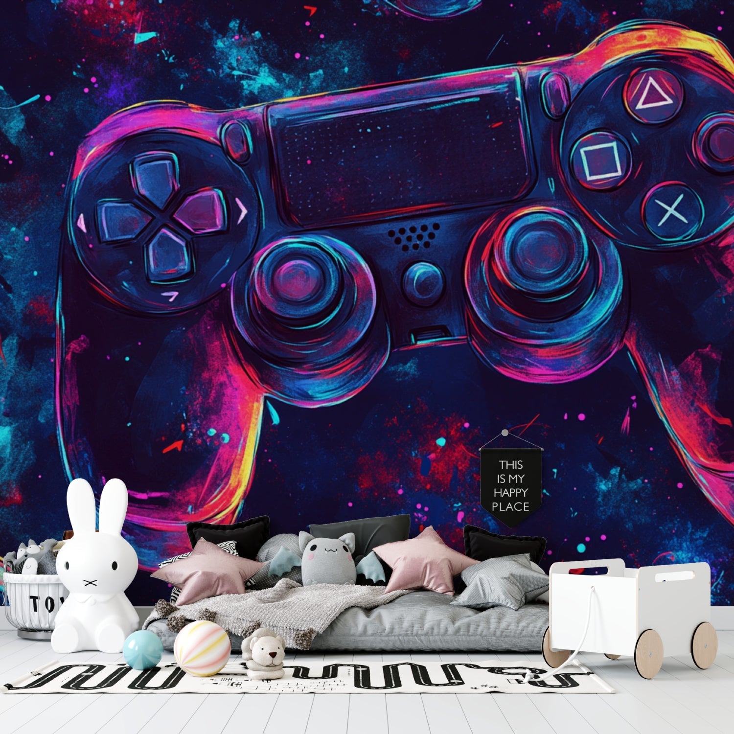 Gaming mural wallpaper showcased in entertainment room with gaming corner