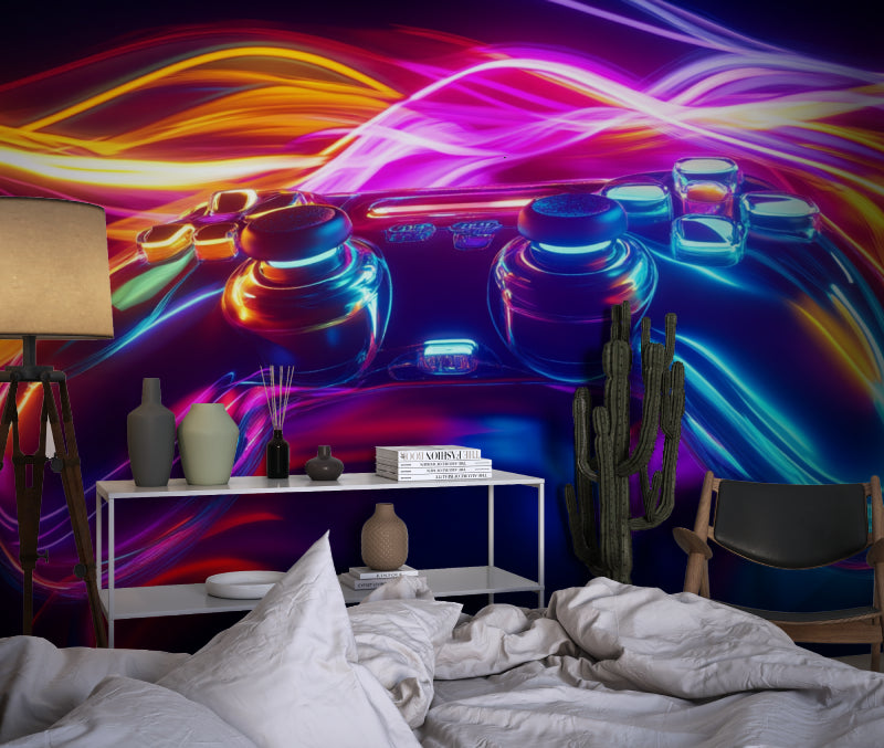 Gaming room wallpaper with neon controller design shown in modern teen bedroom setup with LED lighting