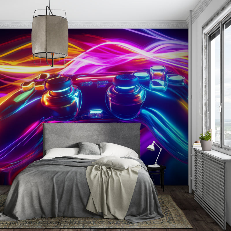 Neon gaming wallpaper creating amazing atmosphere in streaming room with gaming setup