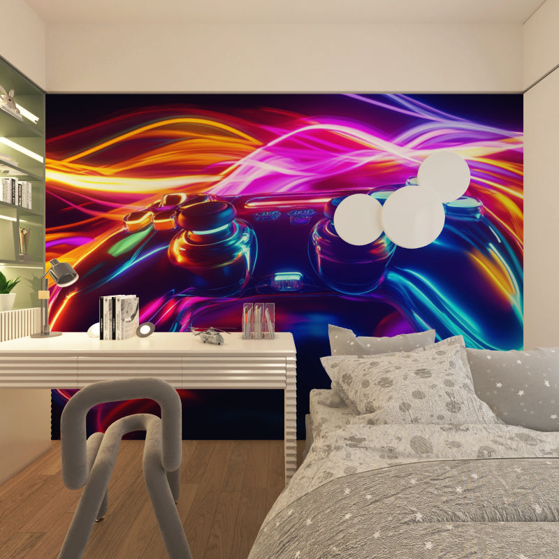 Gaming mural wallpaper in entertainment room showing vibrant neon controller design
