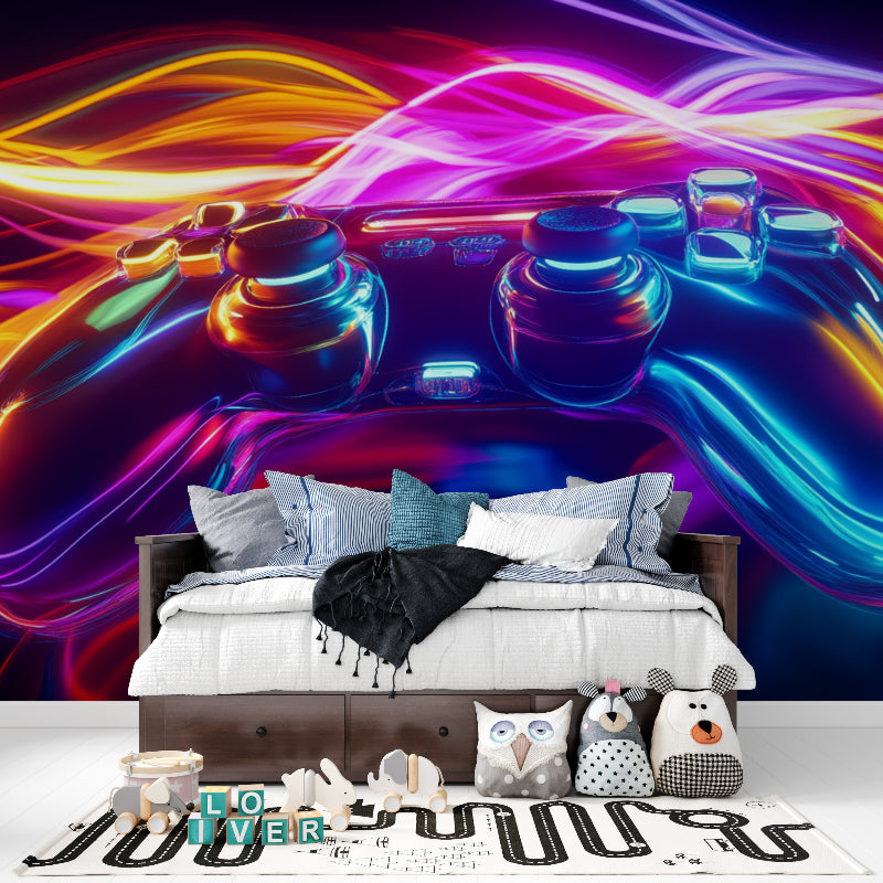 Neon controller wallpaper bringing energy to modern gaming lounge with console setup