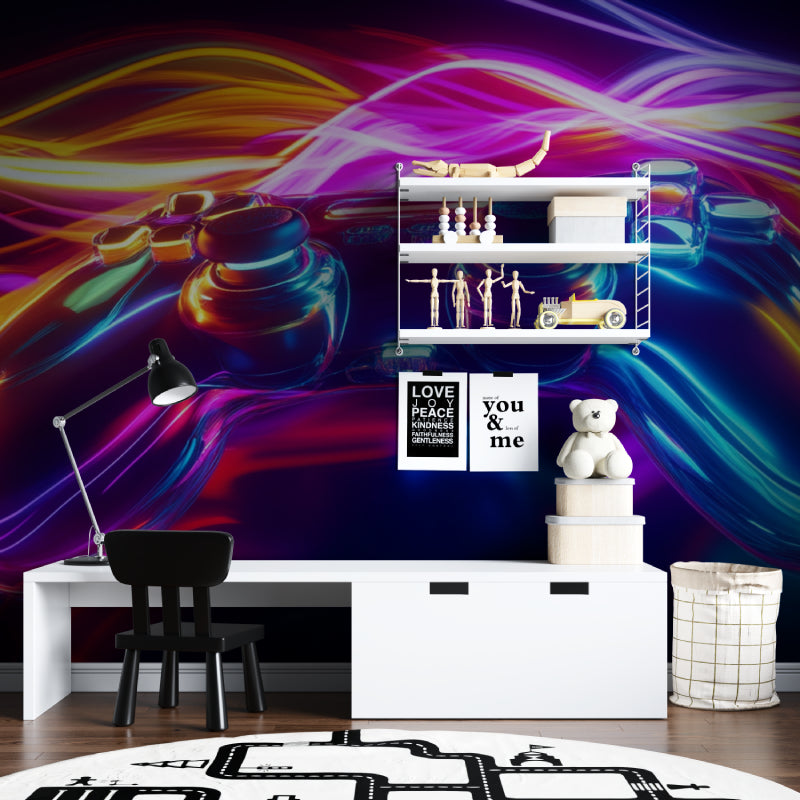Gaming wall mural featuring neon lights displayed in basement gaming room