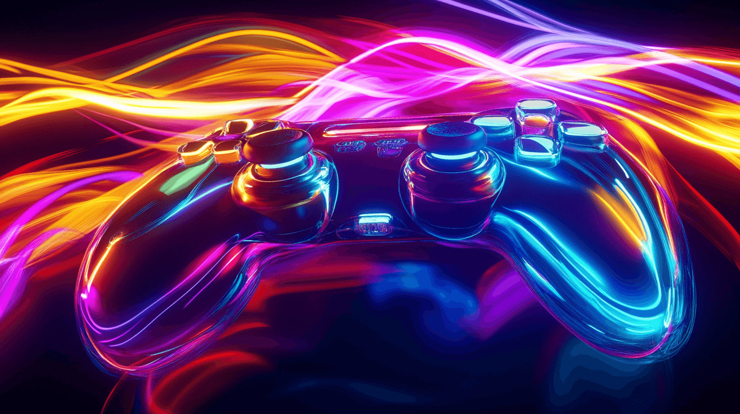 Gaming wallpaper design file showing detailed neon controller pattern with light explosion effects