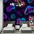 Gaming room with neon controller wallpaper creating amazing streaming backdrop