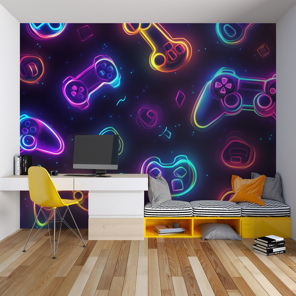 Teen bedroom featuring glowing gaming wallpaper mural with neon effects