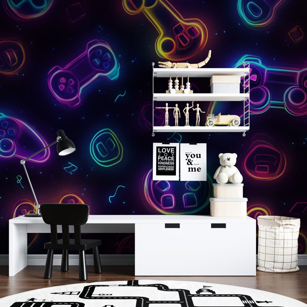 Modern entertainment space with gaming controller wallpaper in neon colors