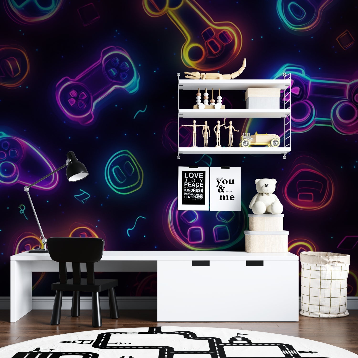 Modern entertainment space with gaming controller wallpaper in neon colors