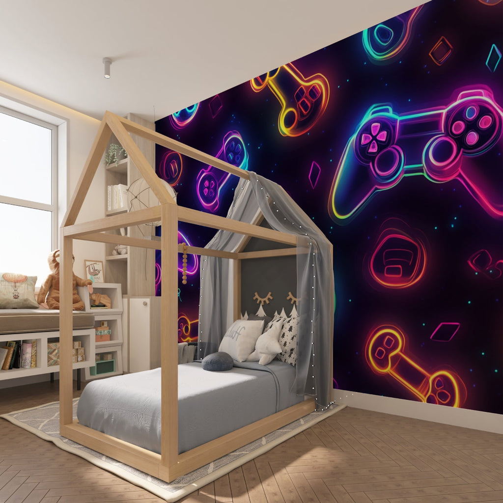 Gaming setup room with neon controller mural creating perfect backdrop