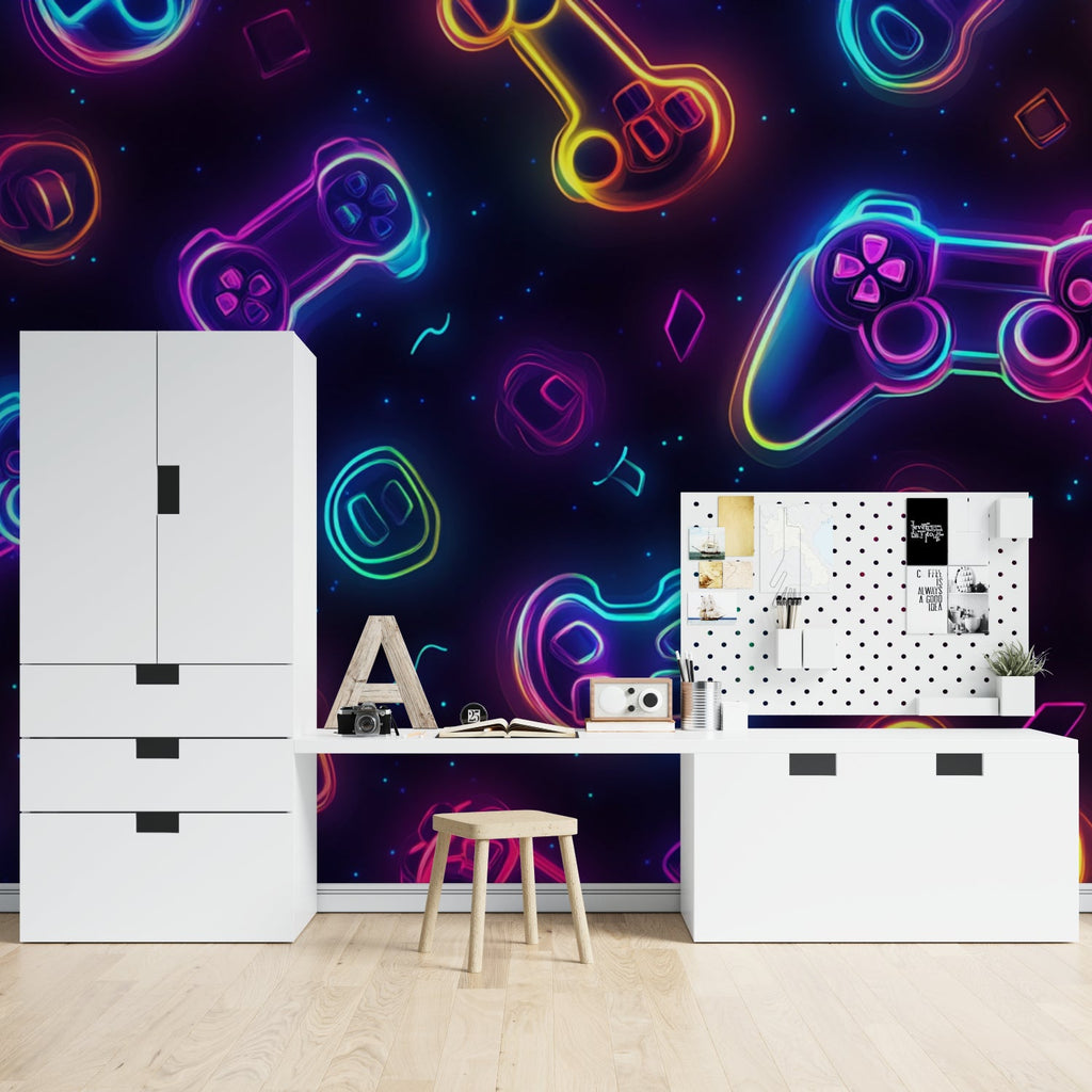 Game room showing vibrant neon gaming wallpaper in action