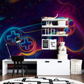 Gaming room wallpaper with neon controller design shown in modern teenager's gaming setup