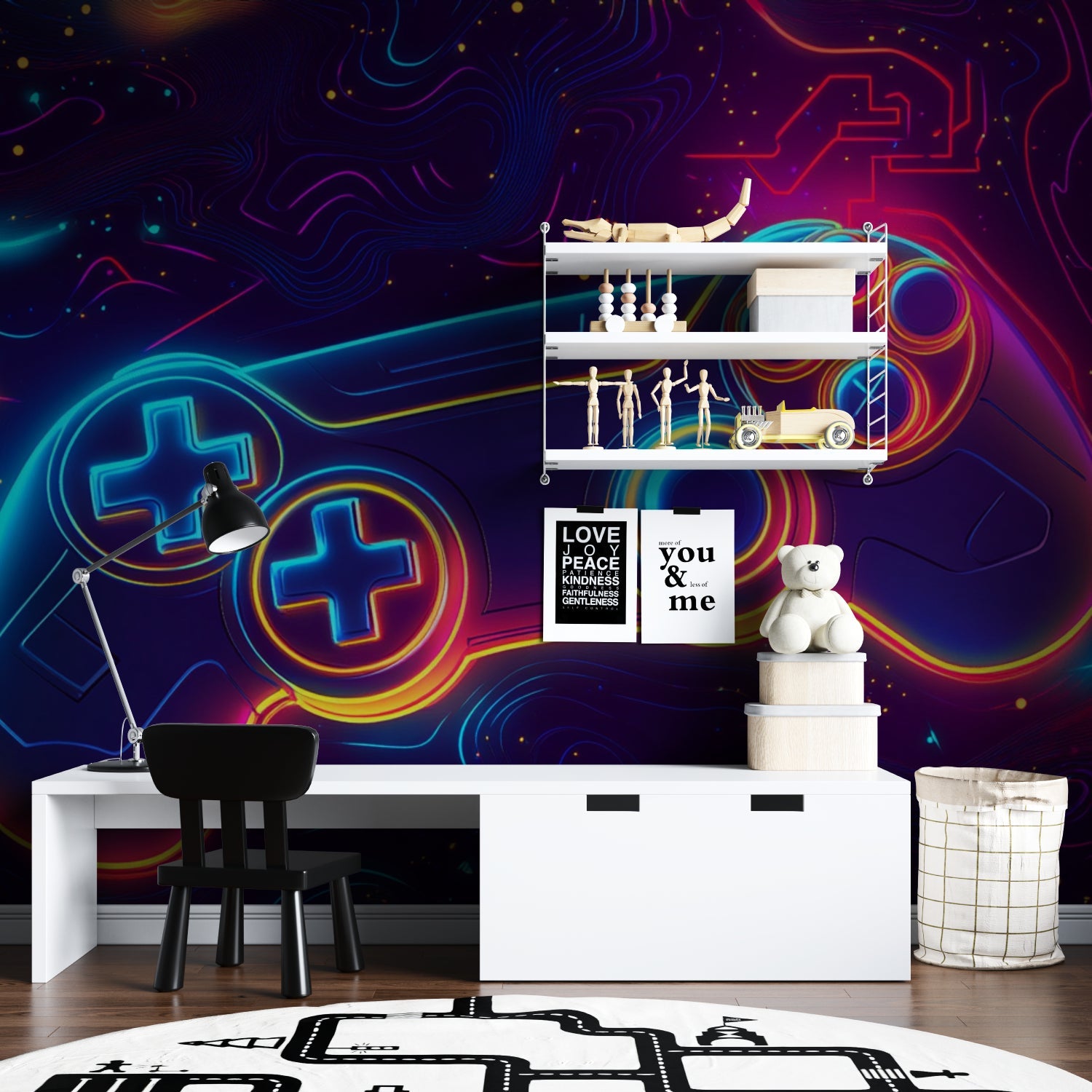 Gaming room wallpaper with neon controller design shown in modern teenager's gaming setup