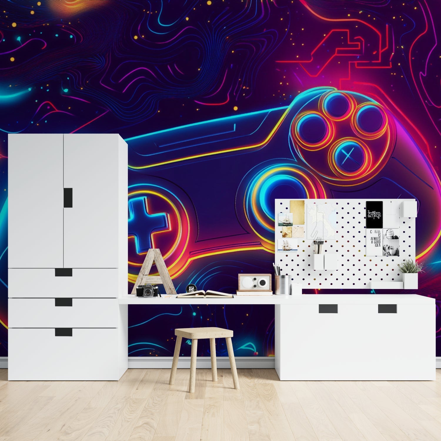 Neon gaming wallpaper creating atmosphere in streamers room with RGB setup