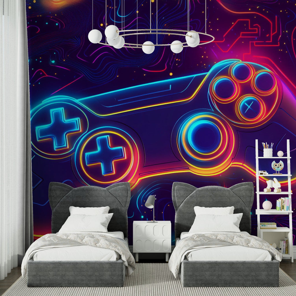 Gaming mural wallpaper displaying vibrant neon effects in dark gaming room