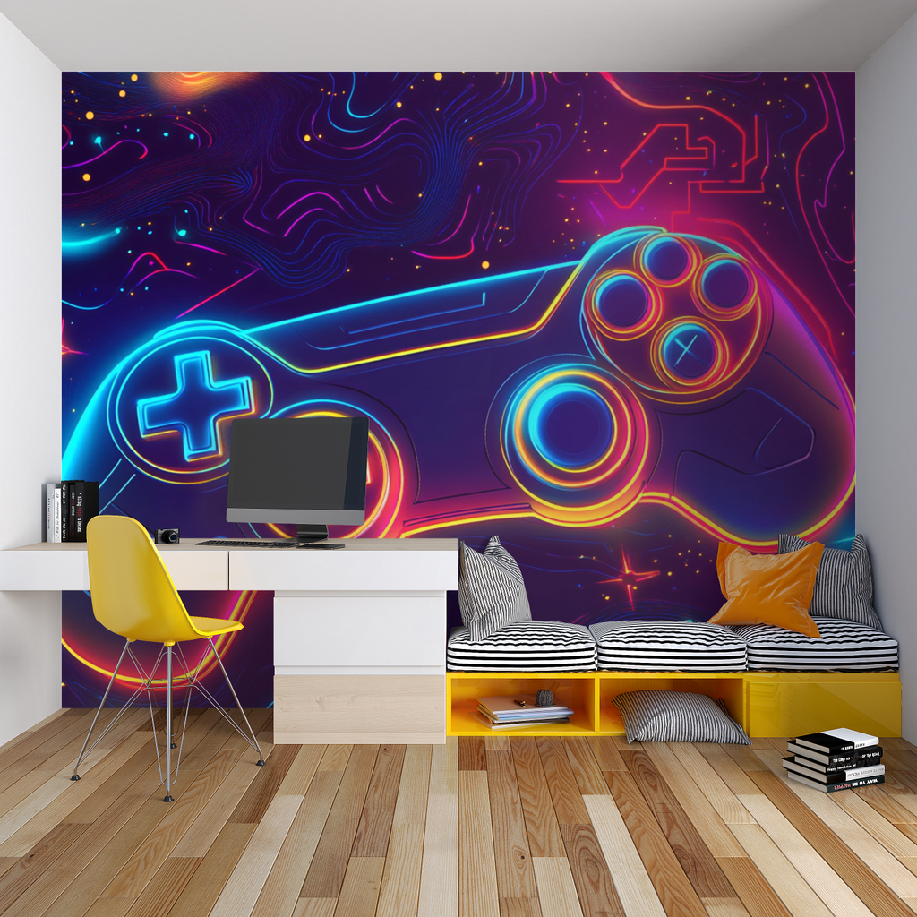 Gaming themed wallpaper bringing cyber vibes to esports room setup