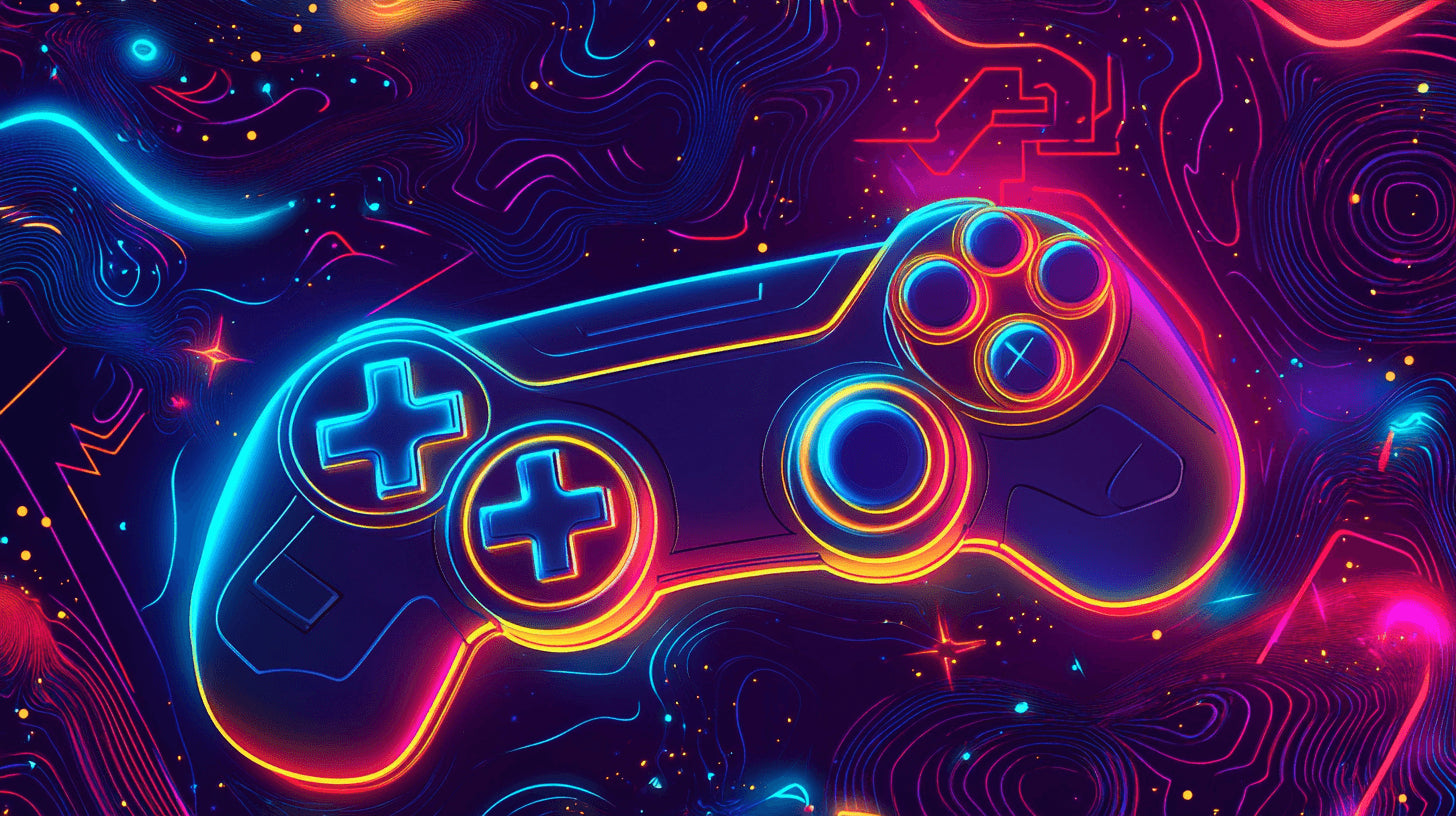 Design file of neon gaming controller wallpaper with electric blue and magenta colors