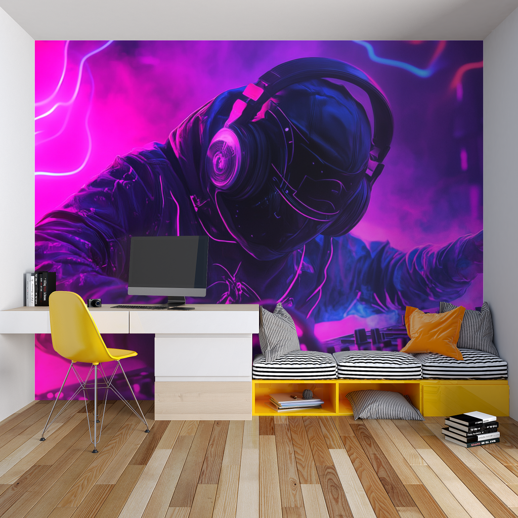 Neon gaming wallpaper creating atmosphere in teen bedroom with LED accent lights