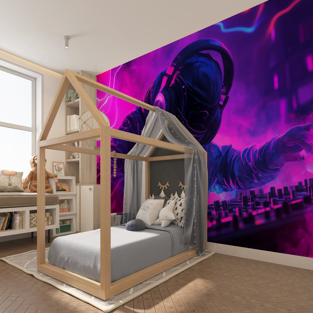 Gaming mural wallpaper showcased in streamer room with neon ambient lighting