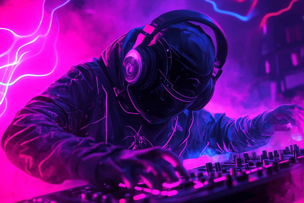 Design file of neon DJ headset gaming wallpaper showing vibrant colors and detailed pattern