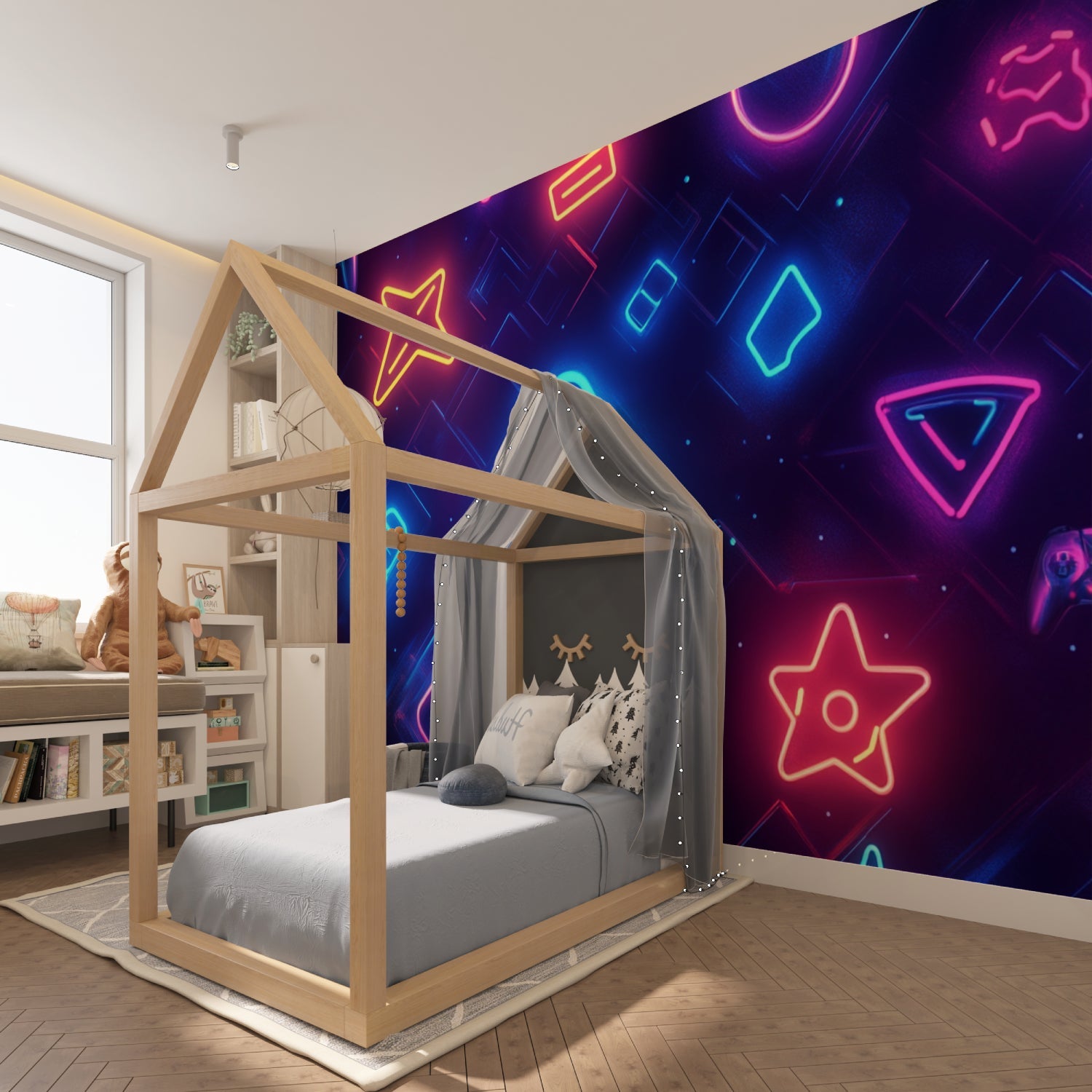 Modern gaming room with neon geometric wallpaper creating an immersive gaming atmosphere