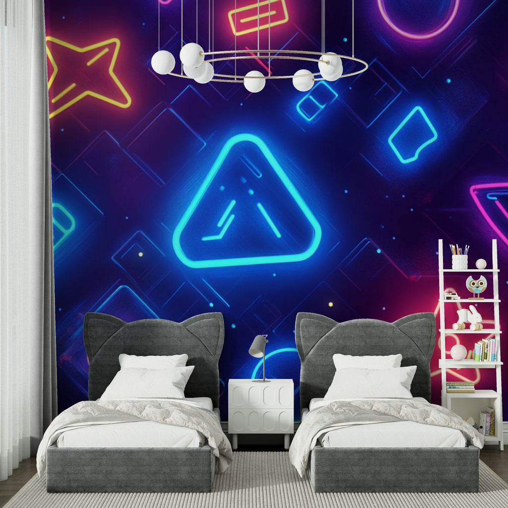 Gaming setup with RGB lighting complementing the neon geometric wall mural