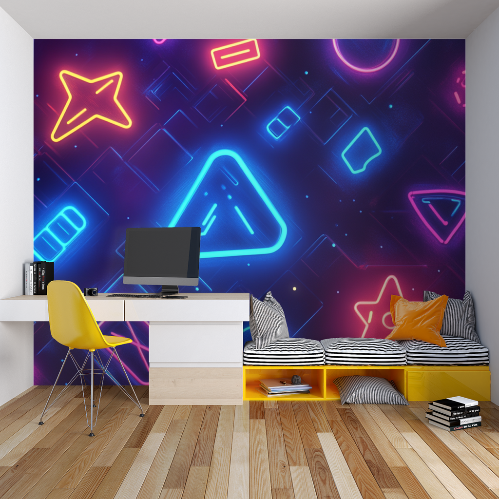 Home office transformed with modern gaming wallpaper design