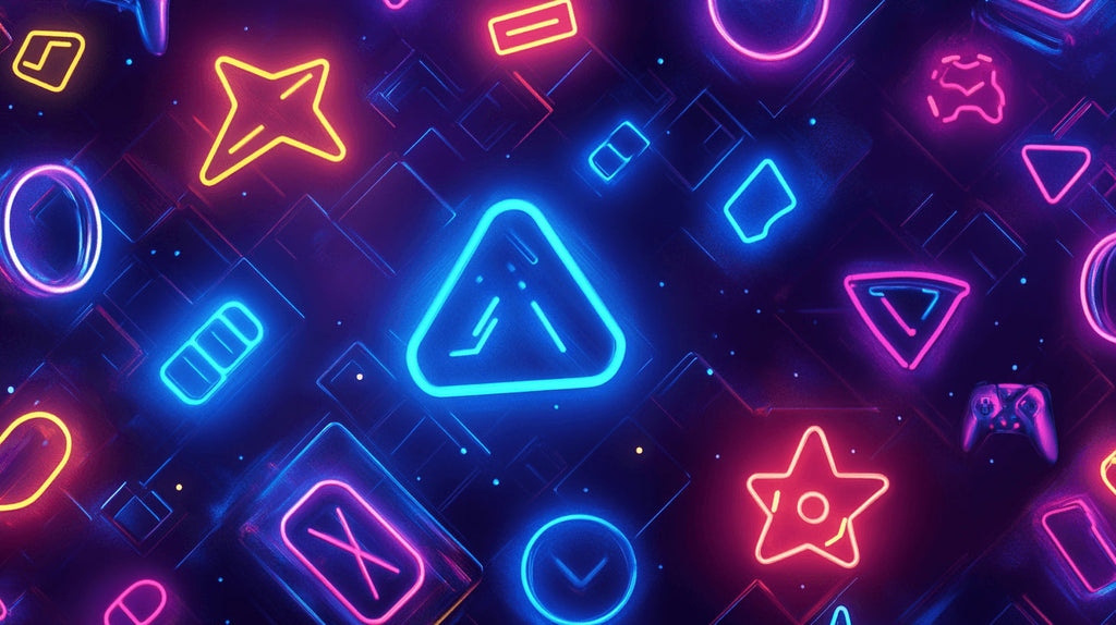 Gaming wallpaper design file showing neon geometric pattern and deep midnight-blue backdrop