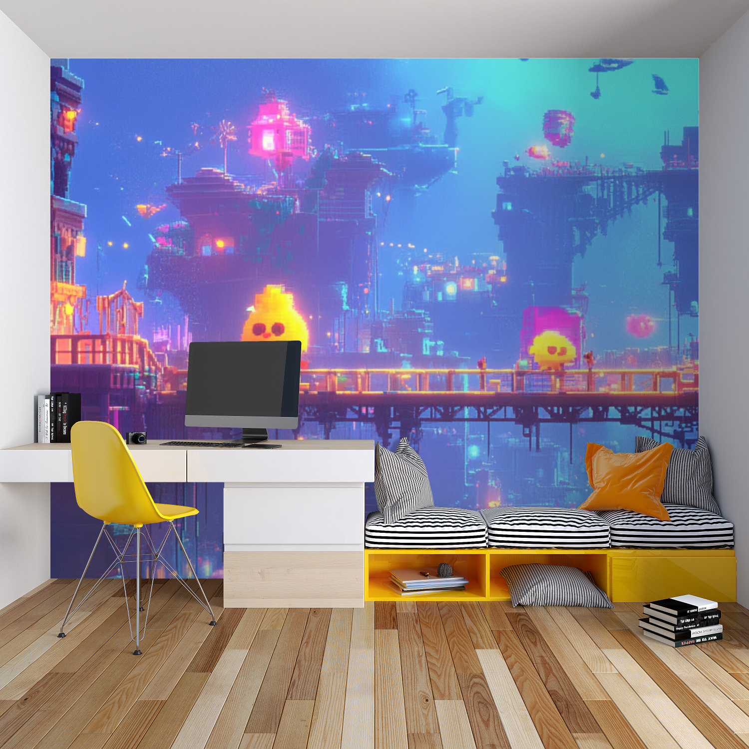 Teen bedroom featuring Pixel Art Gaming wallpaper creating cool ambient lighting