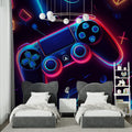 Gaming mural wallpaper creating a bold statement in a modern teen bedroom with LED accent lighting