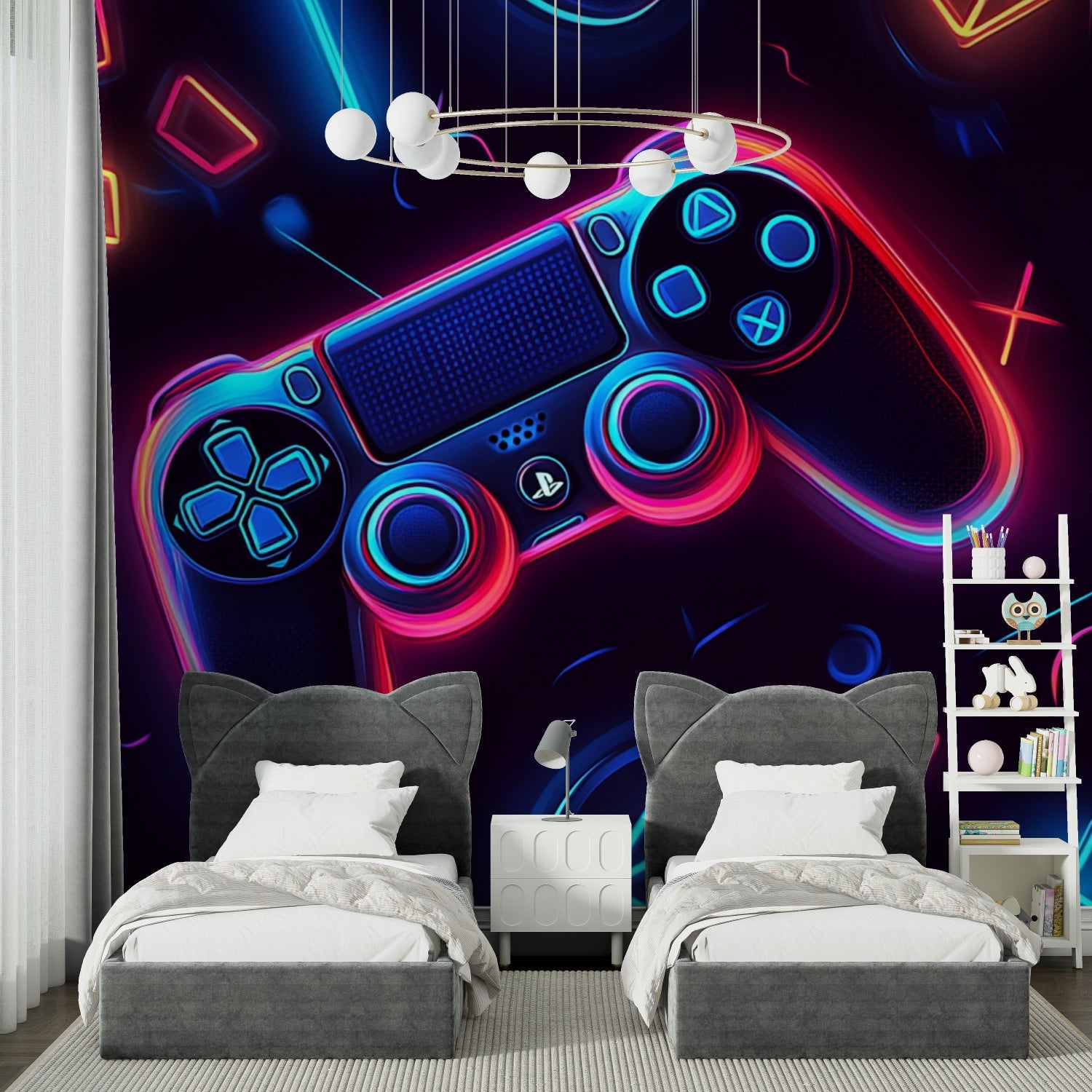 Gaming mural wallpaper creating a bold statement in a modern teen bedroom with LED accent lighting