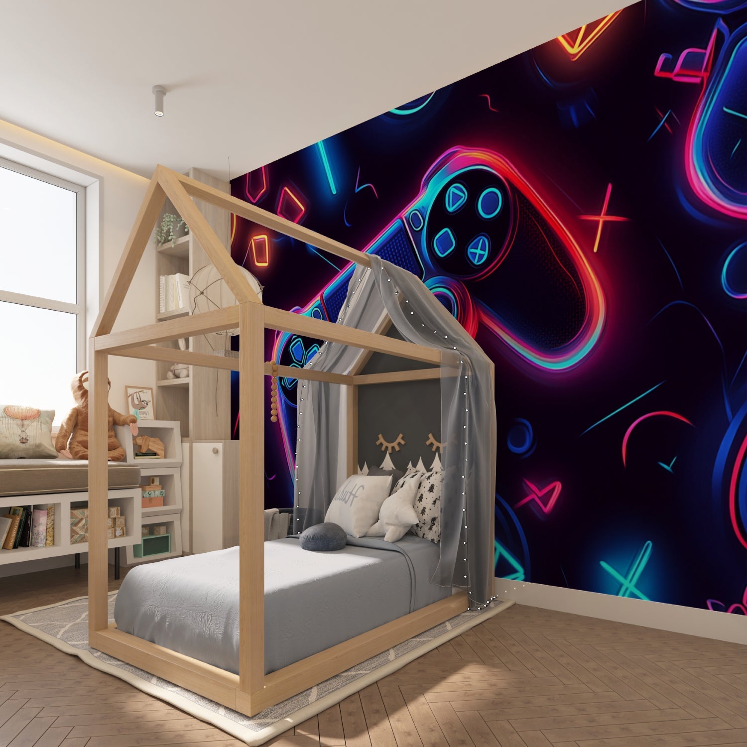 PlayStation controller wallpaper design making a stunning backdrop in a gaming lounge